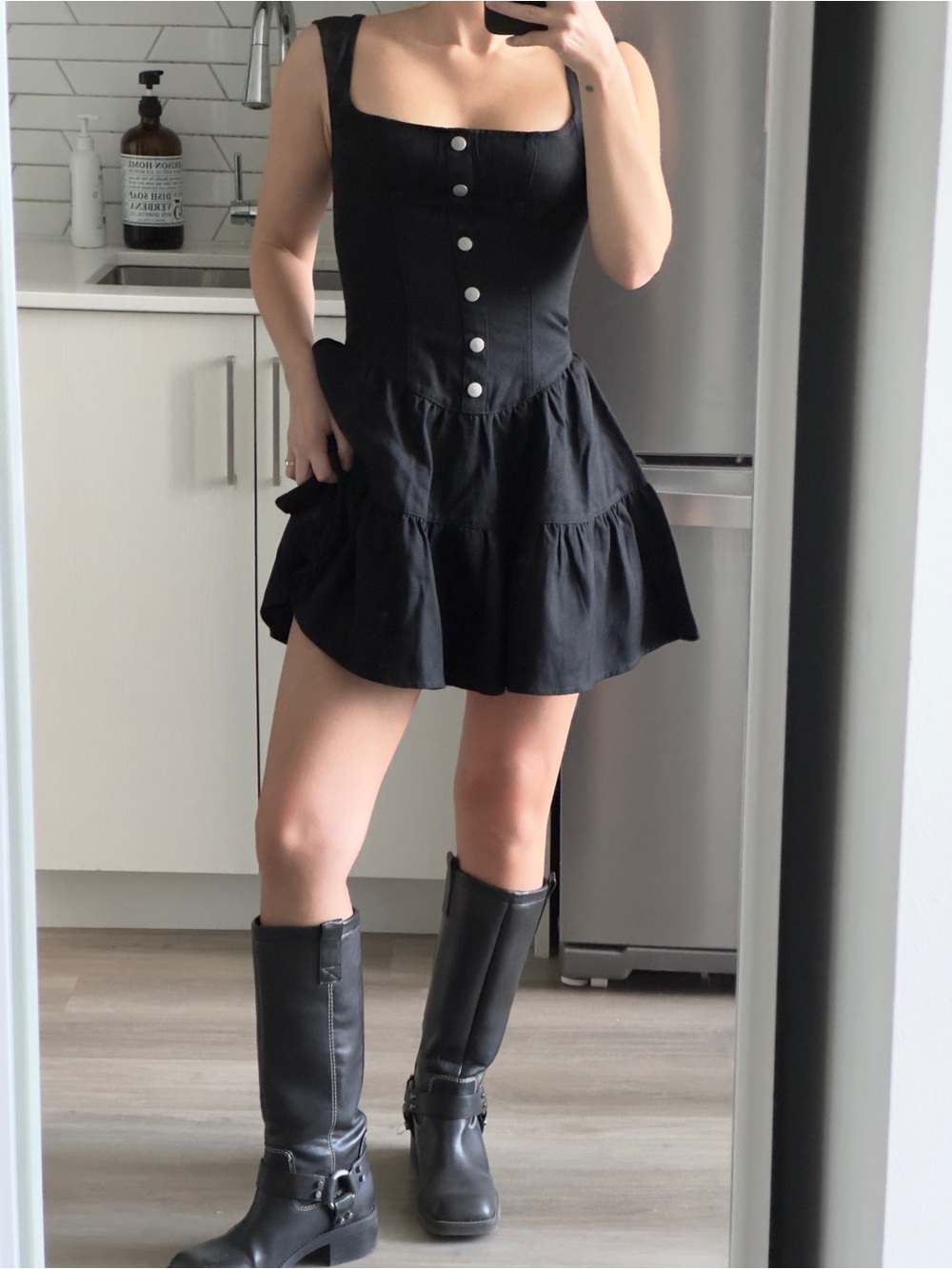 Peppermayo Black Tiered Button-Front Mini Dress